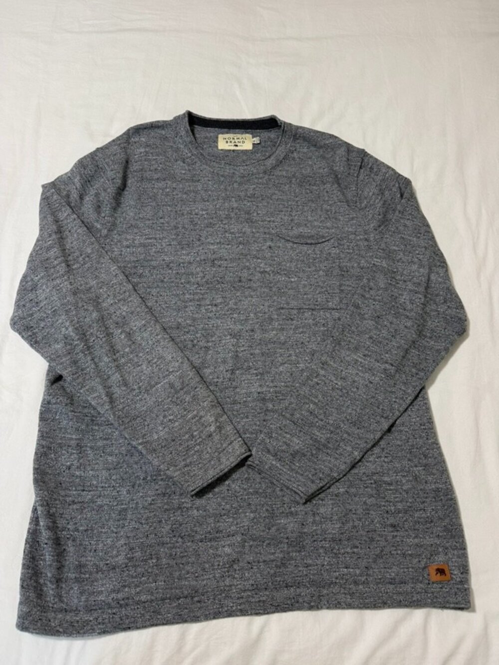 The Normal Brand Roll Hem Pocket Crew Sweater Men XL Gray Leather Bear